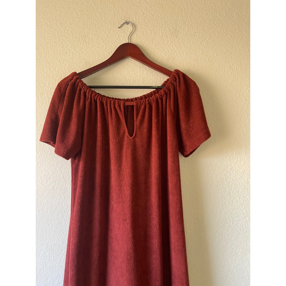 Vintage 70s Terry Cloth Rust Orange Keyhole Maxi Dress Boho Cottagecore Large - Picture 2 of 4